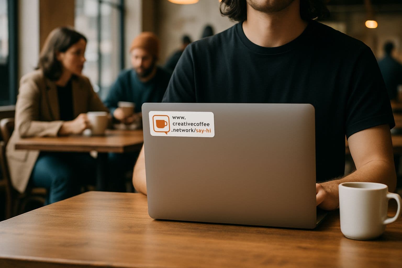 A person working on a laptop in a cozy cafe, with a creative coffee network sticker visible.
